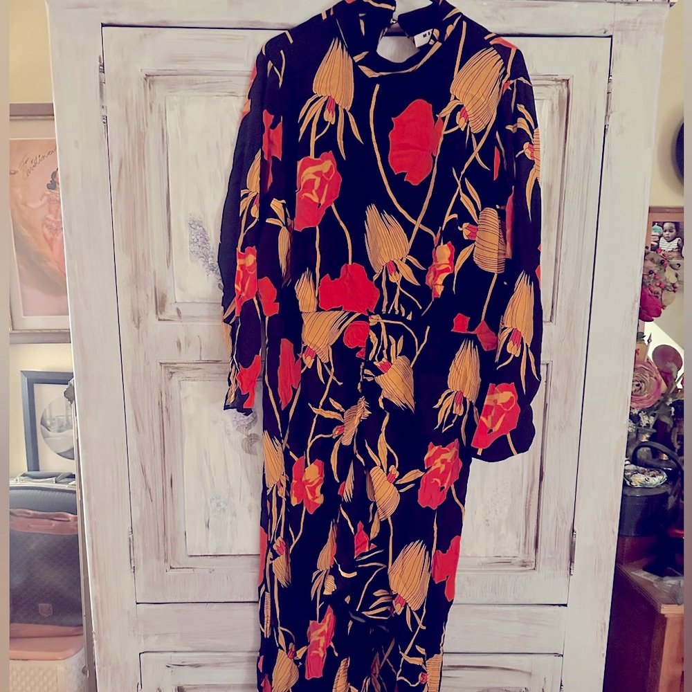 Rixo x Target ruffle dress. Back cutout with high neck button closure.